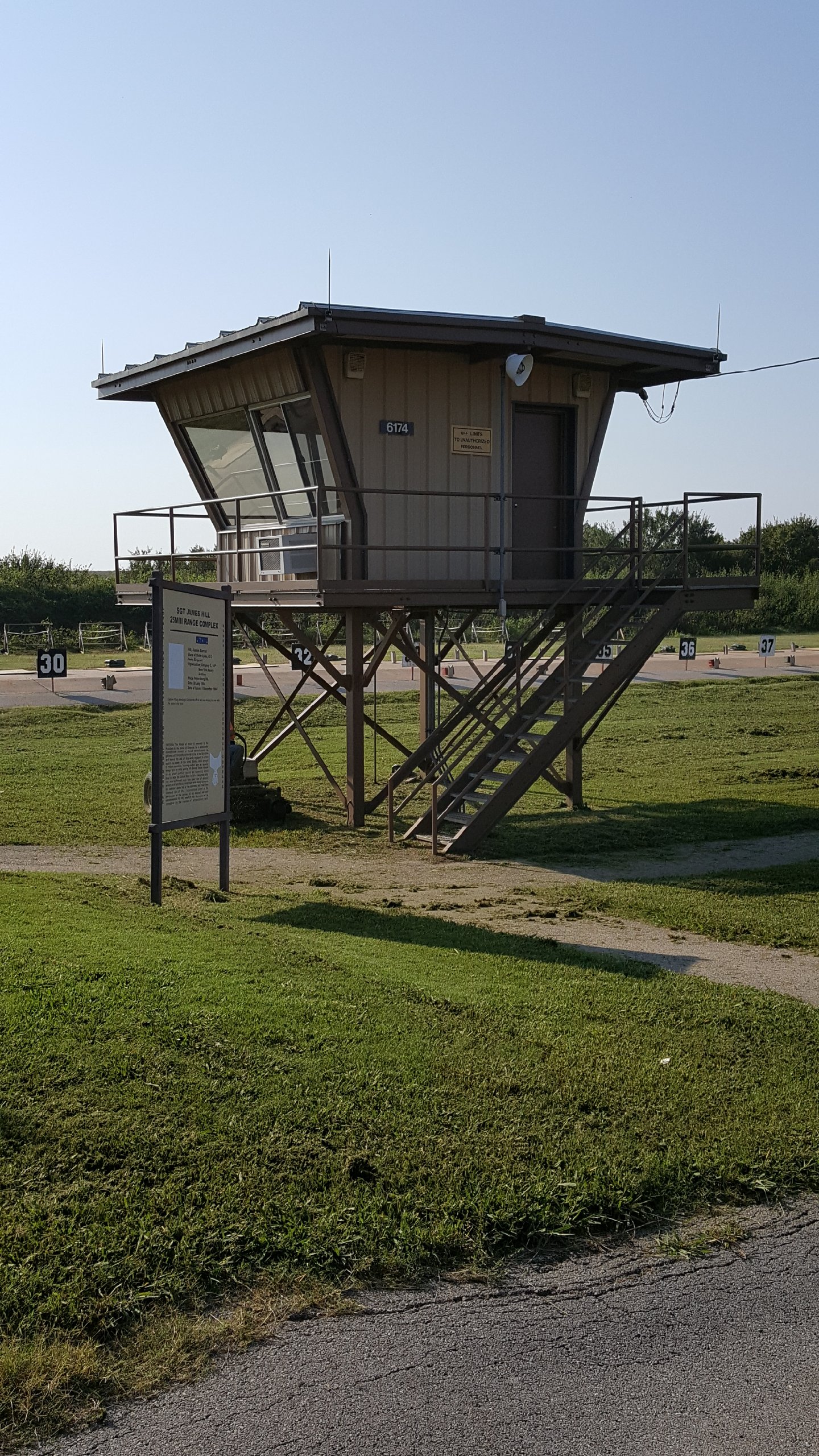Elevated range control tower at a Fort Sill training range complex