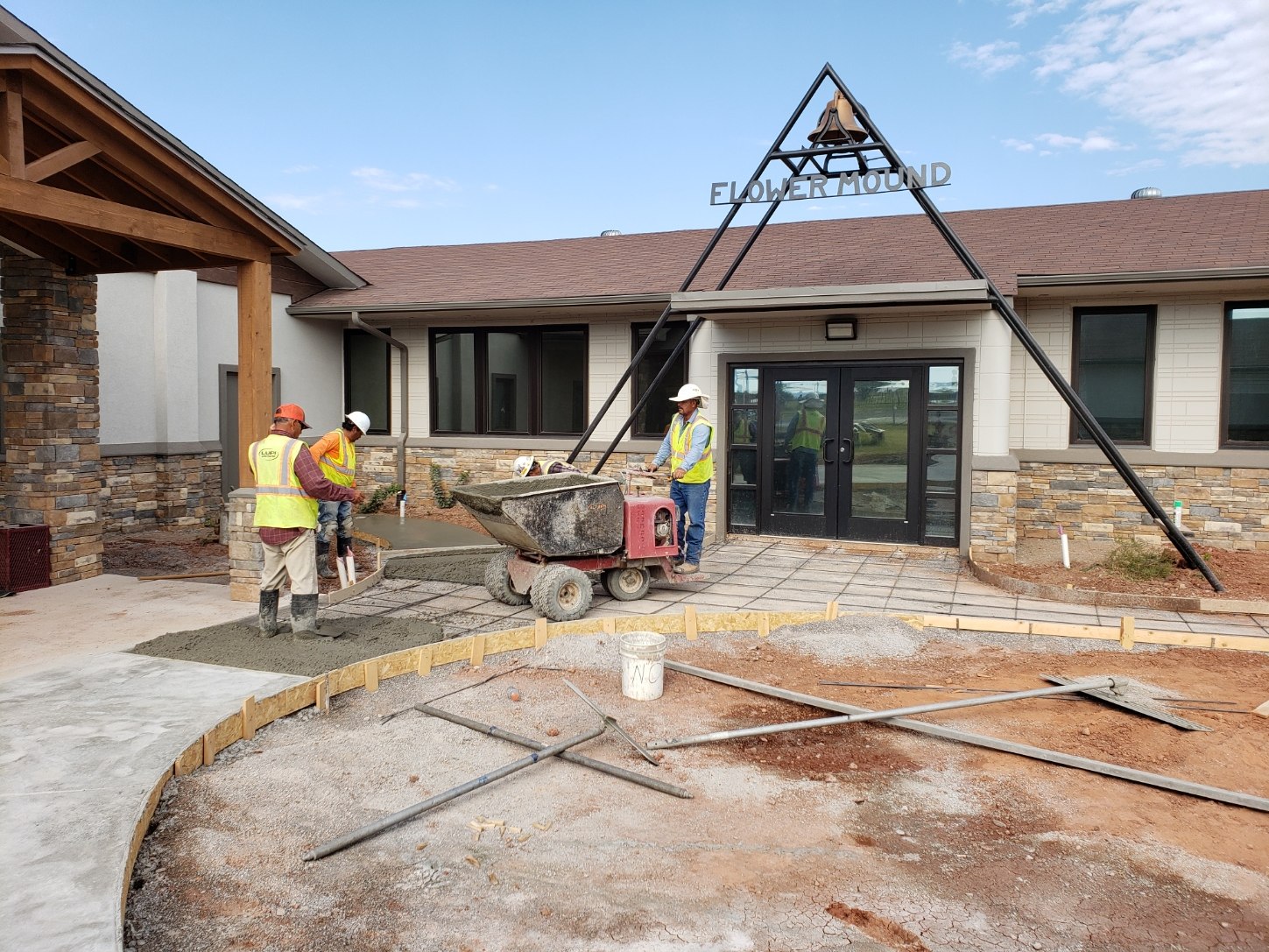 Stone-clad school entrance renovation under construction in Lawton, Oklahoma